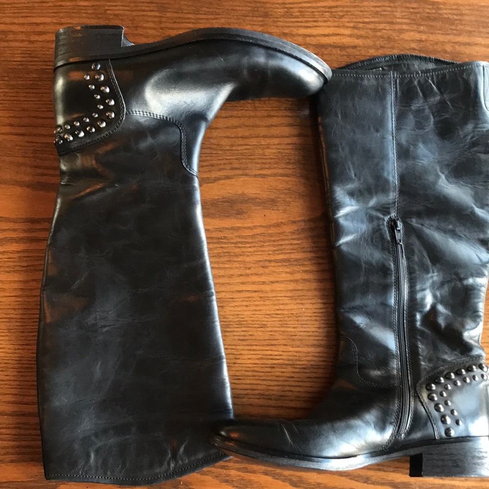 Aldo Ukrainian  black leather lined zippered tall boots stud details EUC